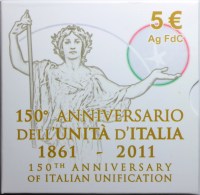 ITALIA 5 EURO 150° ANNIVERSARIO UNITA' D'ITALIA 2011 FDC