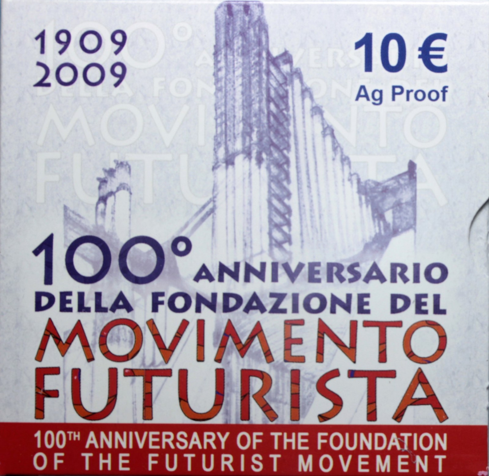 ITALIA 10 EURO COMMEMORATIVO 2009 MOVIMENTO FUTURISTA PROOF SCATOLA E GARANZIA