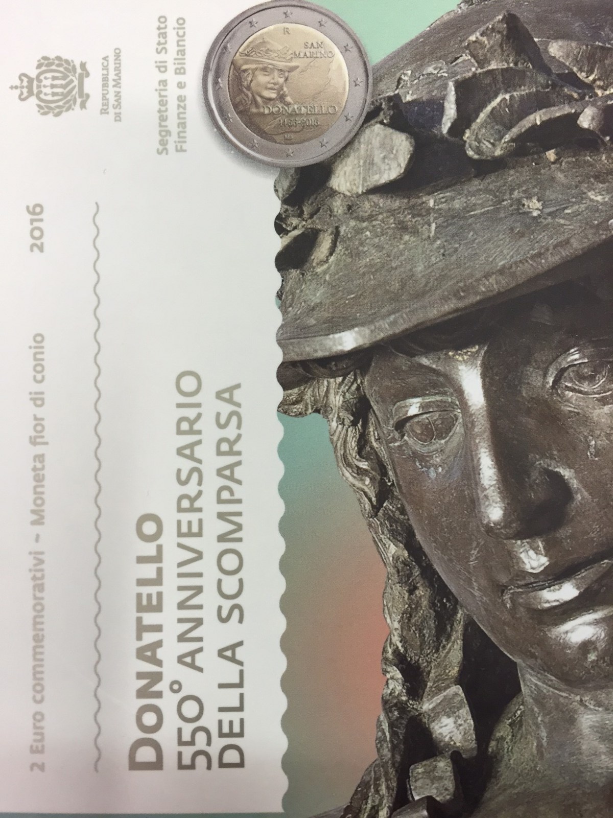 SAN MARINO 2 EURO DONATELLO 2016 FDC IN FOLDER