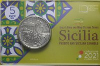 ITALIA SICILIA 5 EURO 2021 CANNOLO E PASSITO NEL FOLDER UFFICIALE FDC