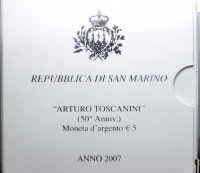 SAN MARINO 5 EURO ARTURO TOSCANINI 2007 PROOF