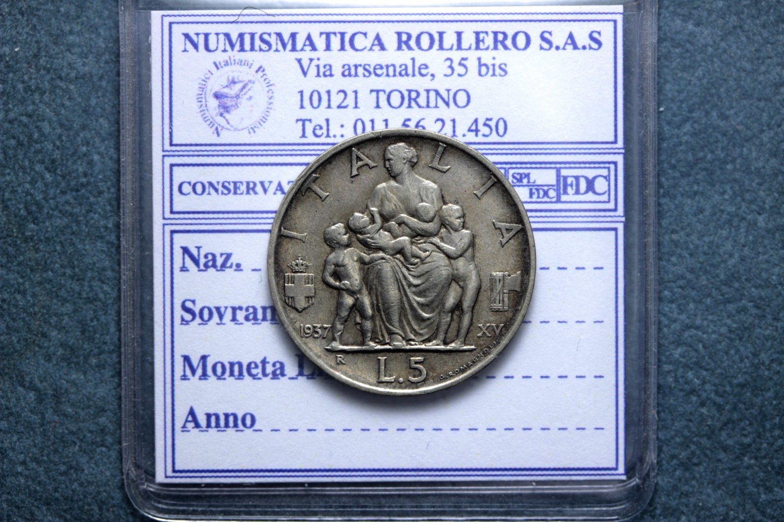 VITTORIO EMANUELE III 5 LIRE 1937 XV IMPERO BB+