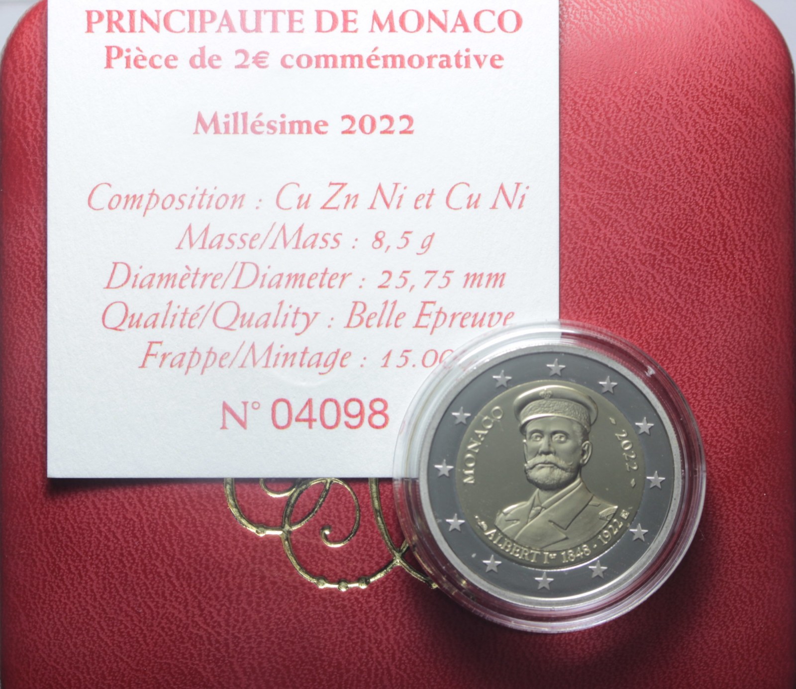 PRINCIPATO DI MONACO ALBERTO II 2 EURO 2022 FDC SCATOLA E GARANZIA