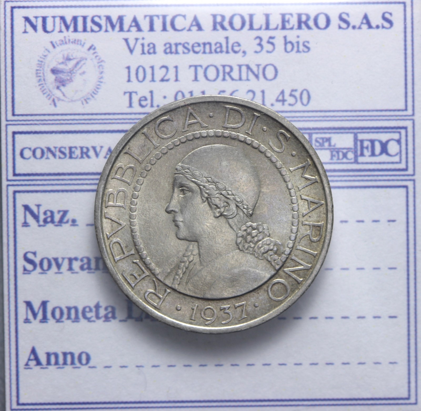 SAN MARINO VECCHIA MONETAZIONE 5 LIRE 1937 2°TIPO Q.FDC