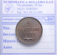 SAN MARINO VECCHIA MONETAZIONE 5 CENTESIMI 1935 2°TIPO PARZIALE RAME ROSSO FDC