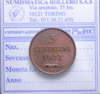 SAN MARINO VECCHIA MONETAZIONE 5 CENTESIMI 1937 2°TIPO FDC RAME ROSSO