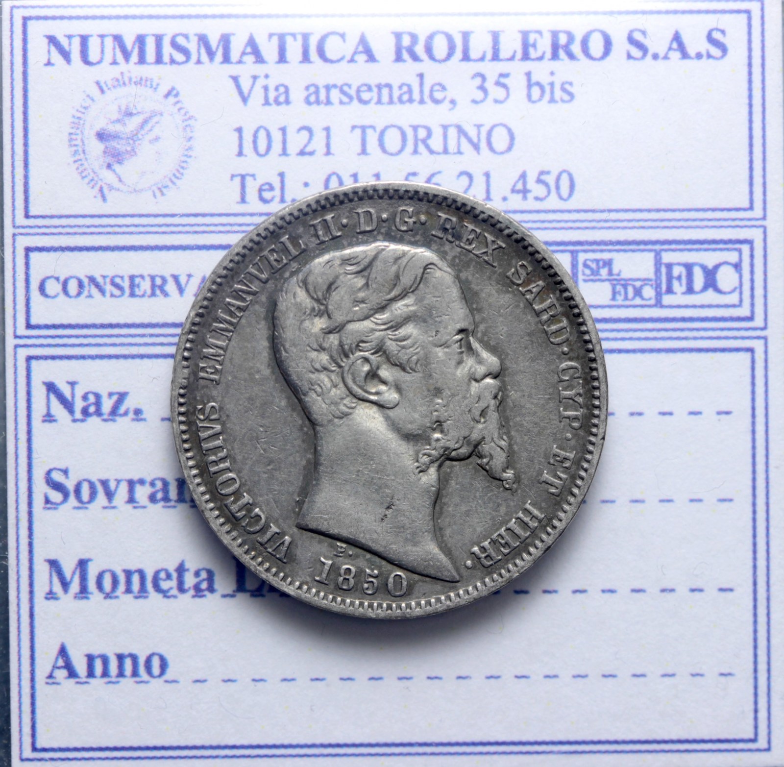 VITTORIO EMANUELE II 1 LIRA 1850 TORINO Q.BB RARA