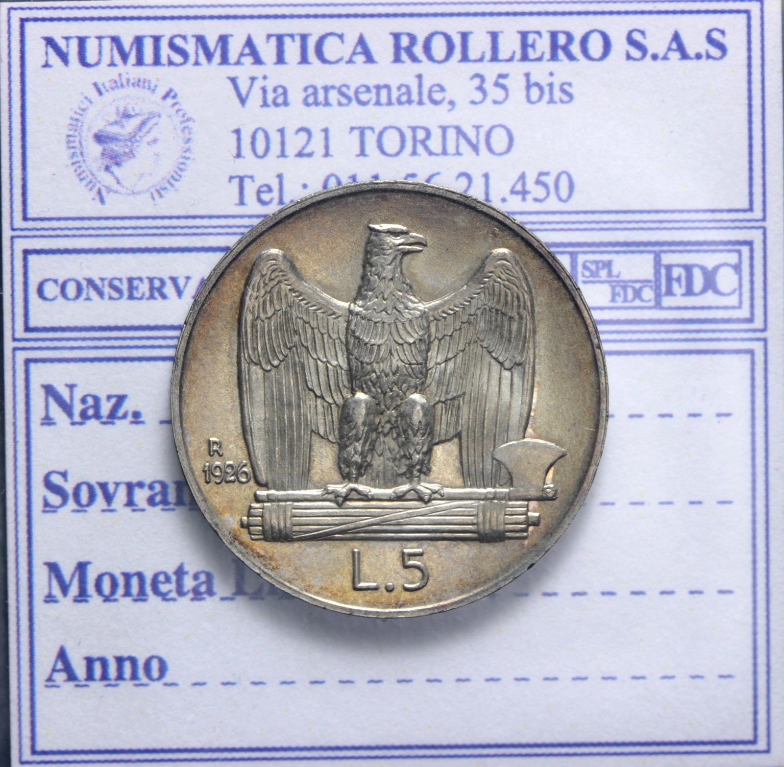 VITTORIO EMANUELE III 5 LIRE 1926 BORDO LARGO AL D/ E R/ FDC RARA