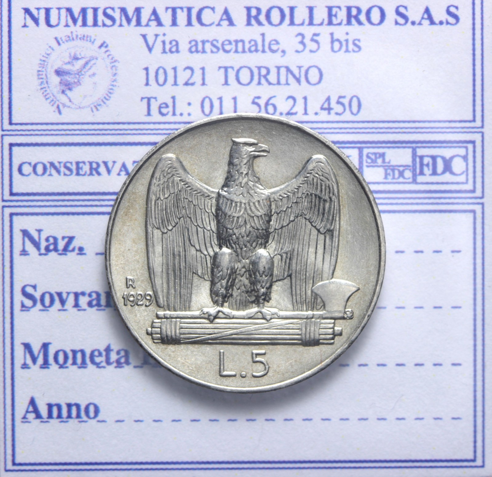 VITTORIO EMANUELE III 5 LIRE 1929 (2 ROSETTE) FDC
