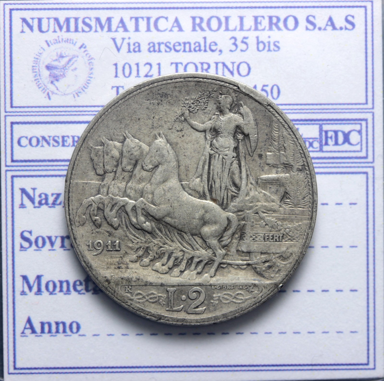VITTORIO EMANUELE III 2 LIRE 1911 QUADRIGA VELOCE Q.BB R2