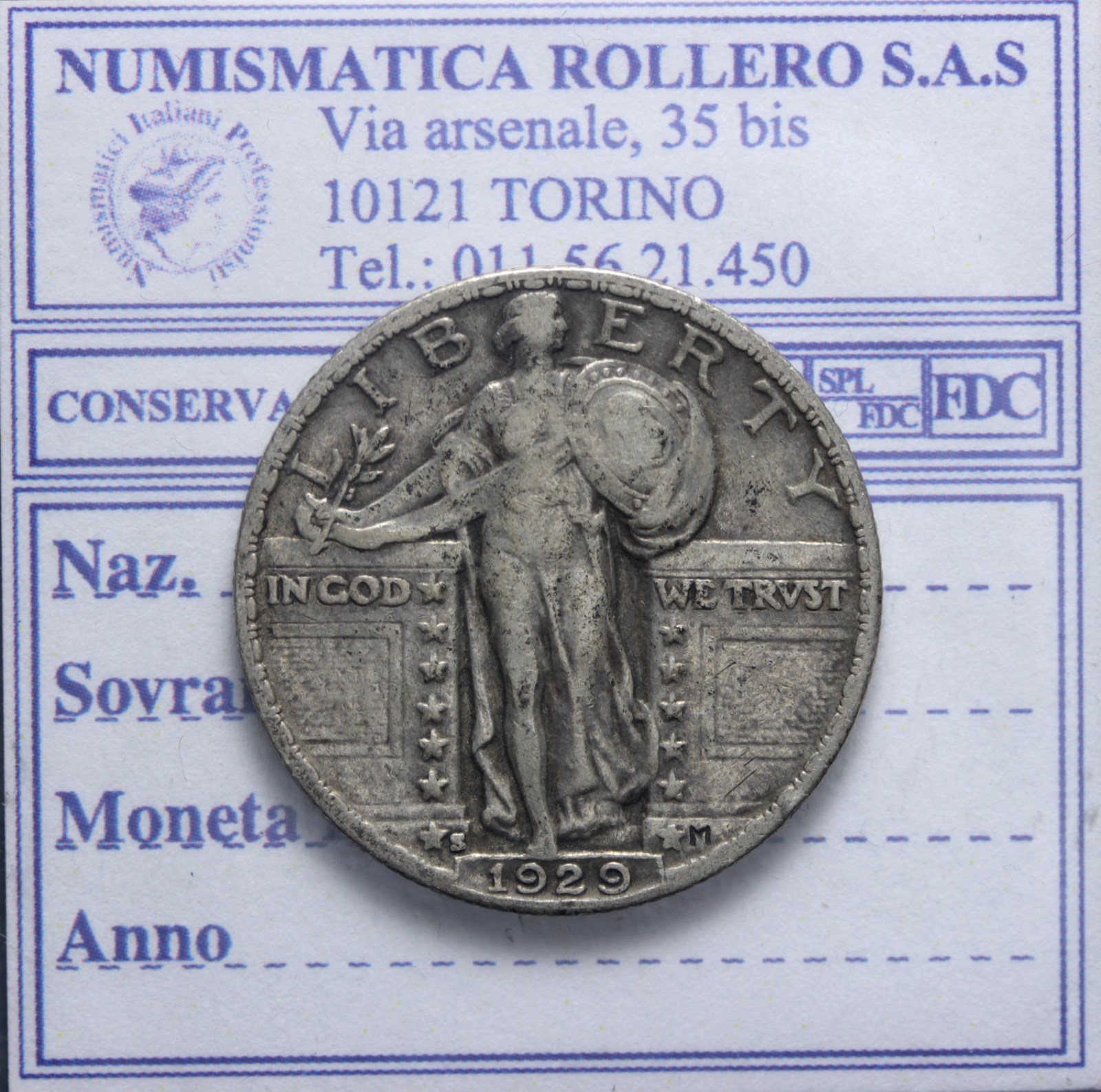 USA QUARTO DI DOLLARO STANDIND LIBERTY 1929 SAN FRANCISCO Q.BB 