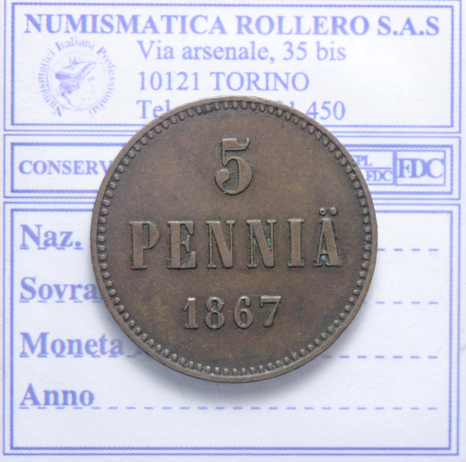 FINLANDIA ALESSANDRO II 1855-1881 5 PENNIA 1867 BB/SPL