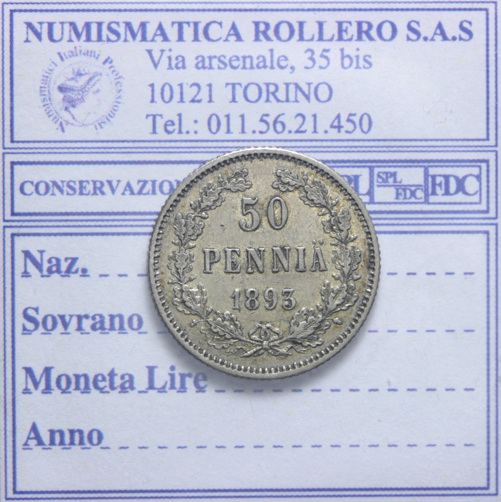 FINLANDIA ALESSANDRO III 1881-1894 50 PENNIA 1893 SPL+