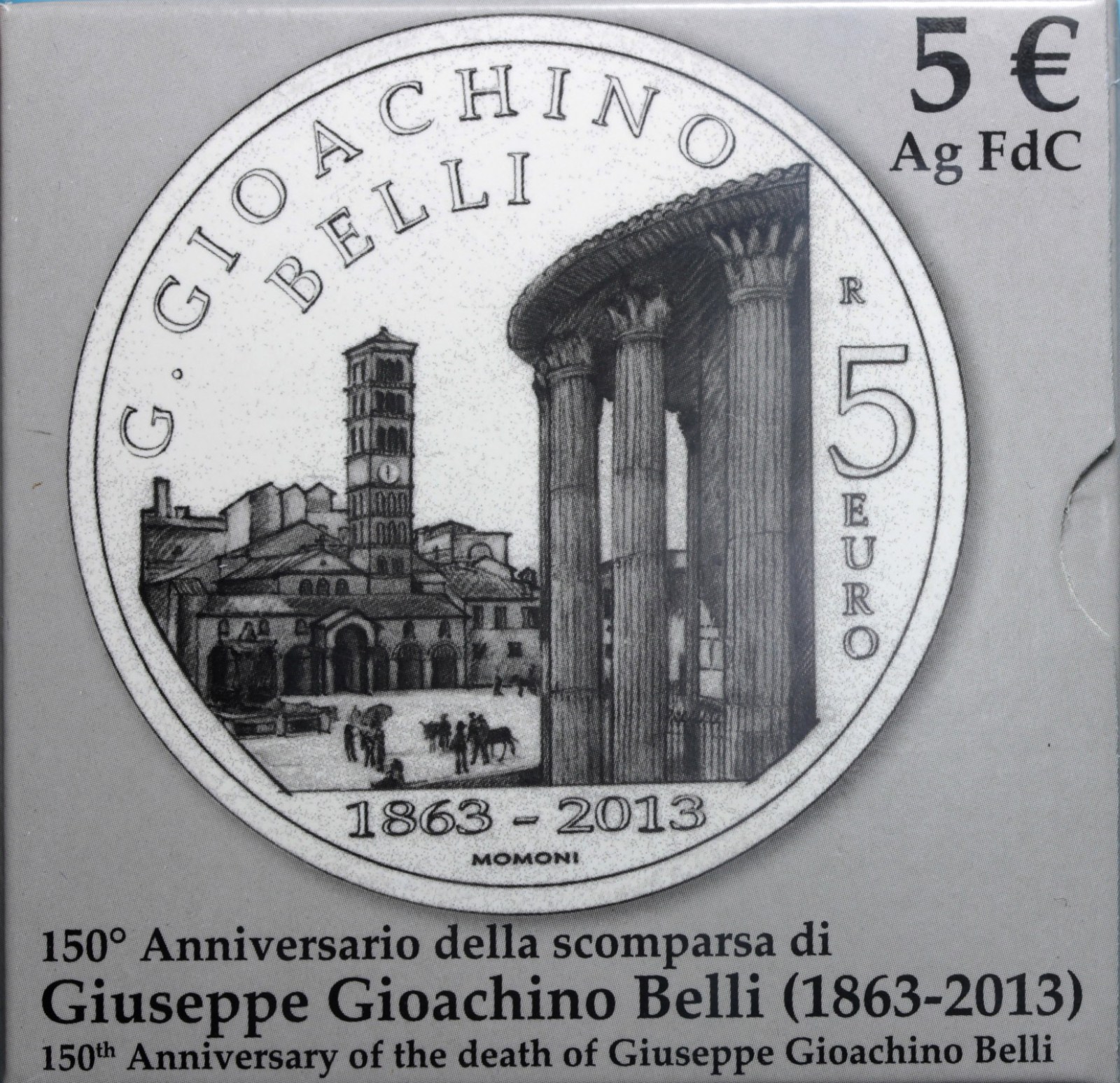 ITALIA 5 EURO COMMEMORATIVO 2013 GIUSEPPE GIOACHINO BELLI FDC SCATOLA E GARANZIA