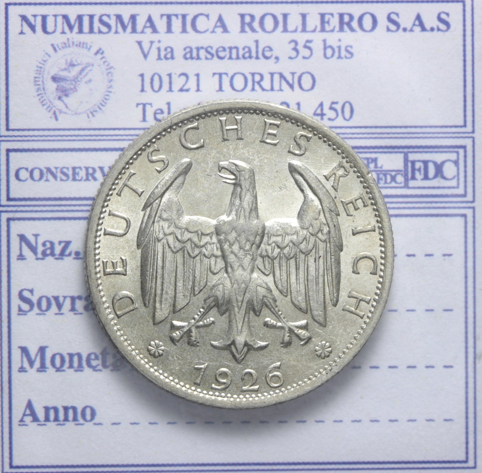 GERMANIA REP.DI WEIMAR 1919-1933 2 REICHSMARK 1926 STOCCARDA Q.FDC