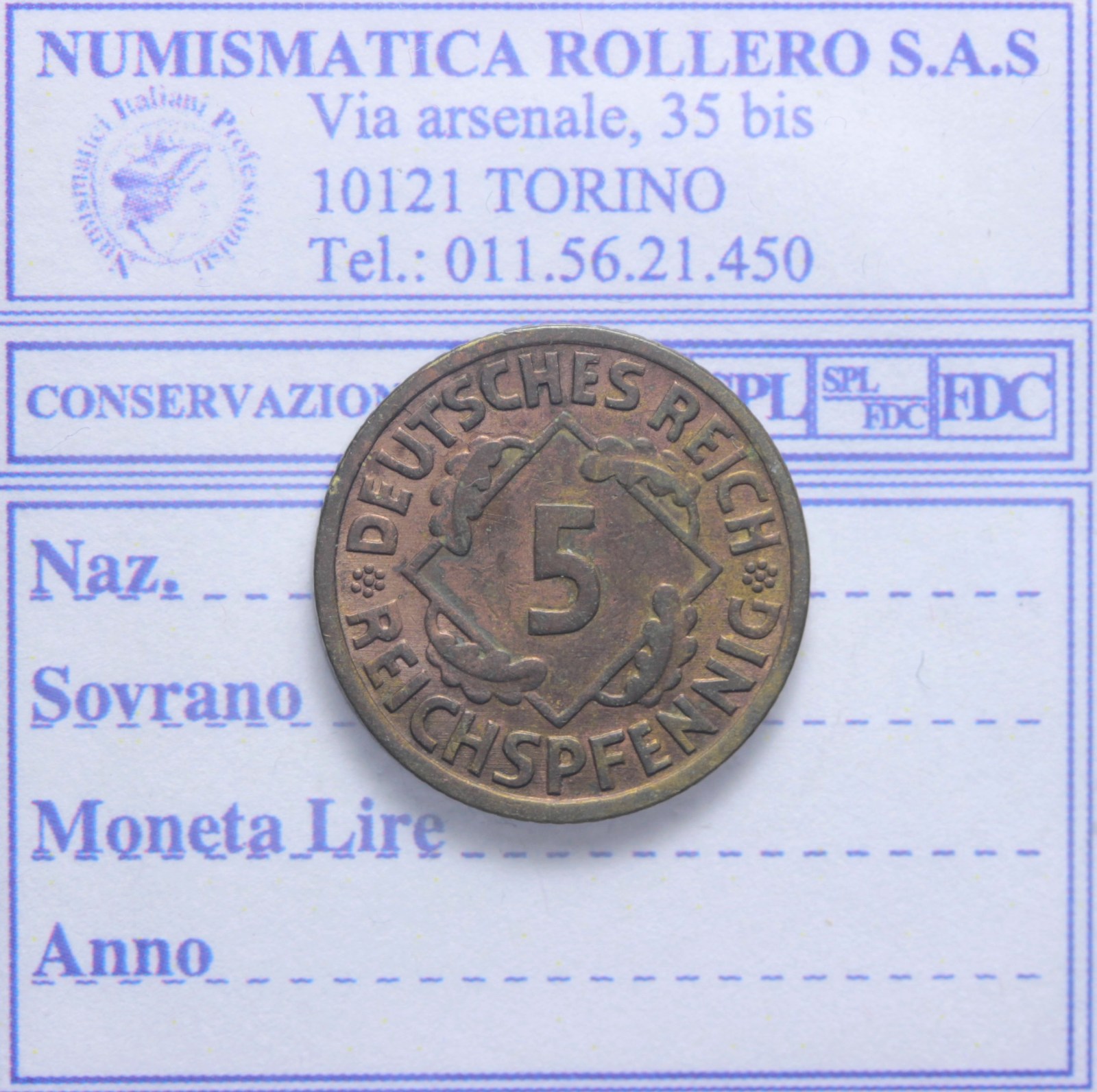 GERMANIA REP.DI WEIMAR 1919-1933 5 REICHSPFENNIG 1935 BERLINO SPL