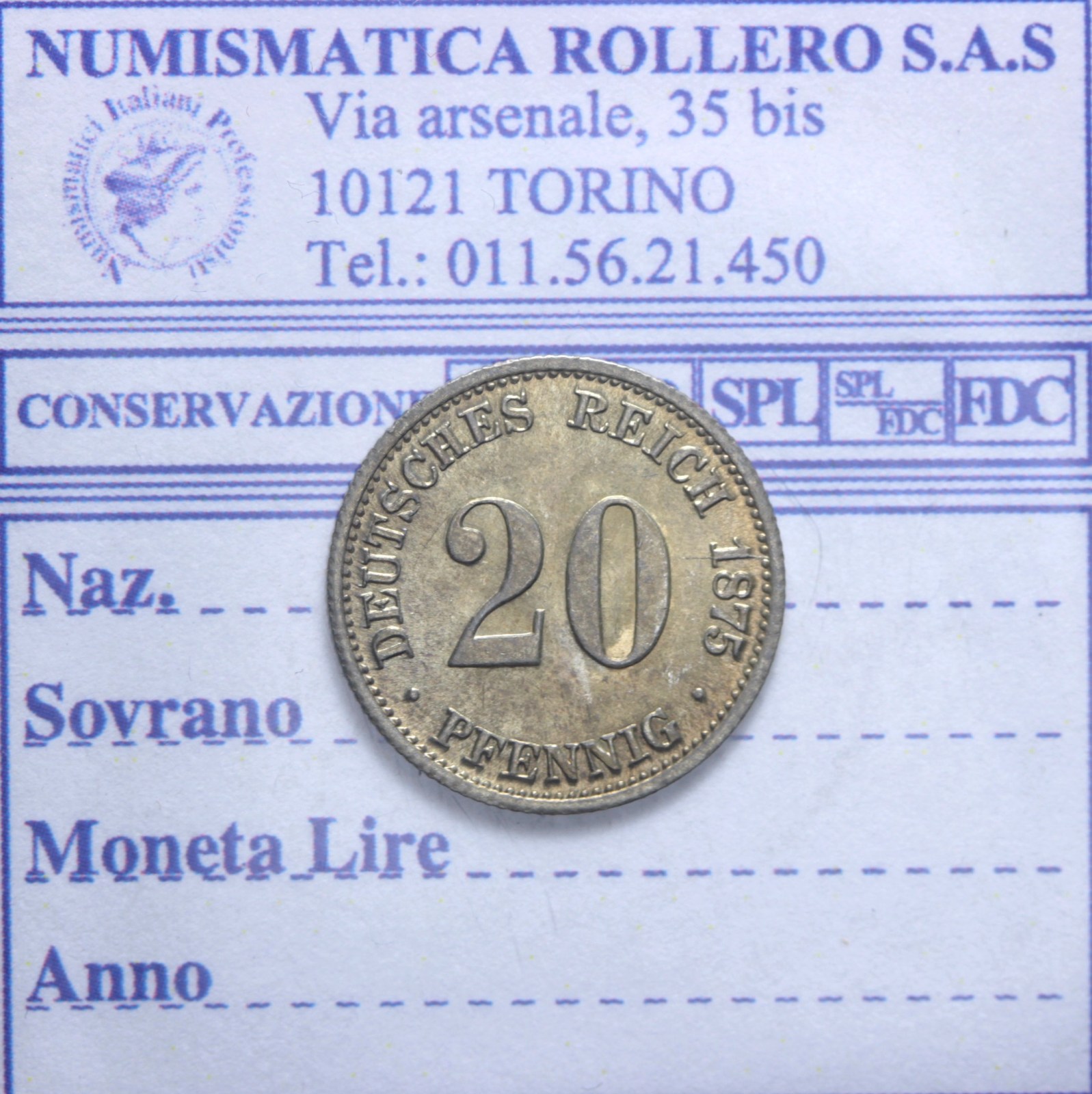 GERMANIA GUGLIELMO I 1871-1888 20 PFENNIG 1875 FRANCOFORTE FDC