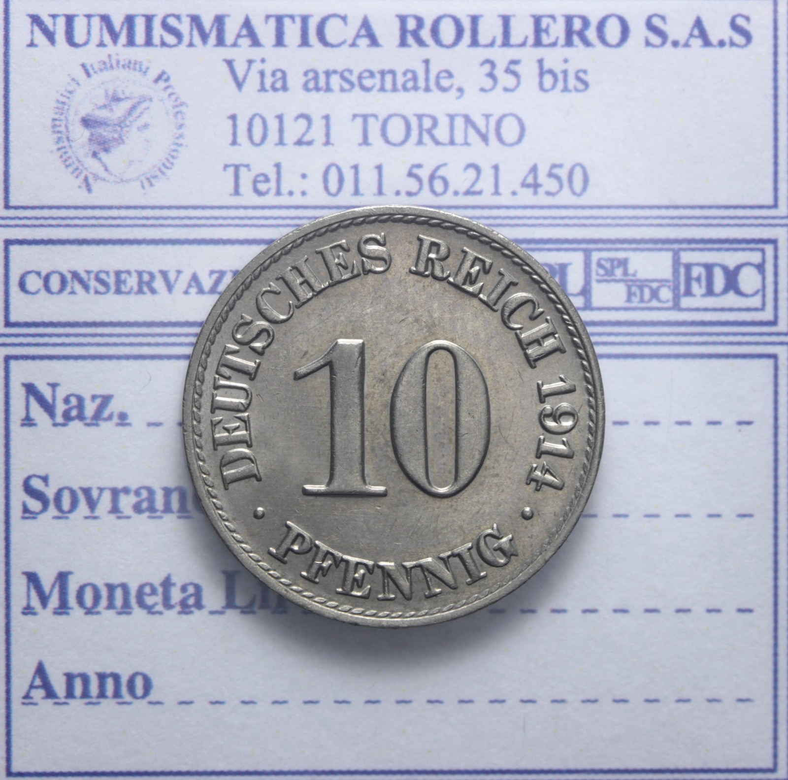 GERMANIA GUGLIELMO II 1888-1918 10 PFENNIG 1914 BERLINO Q.FDC