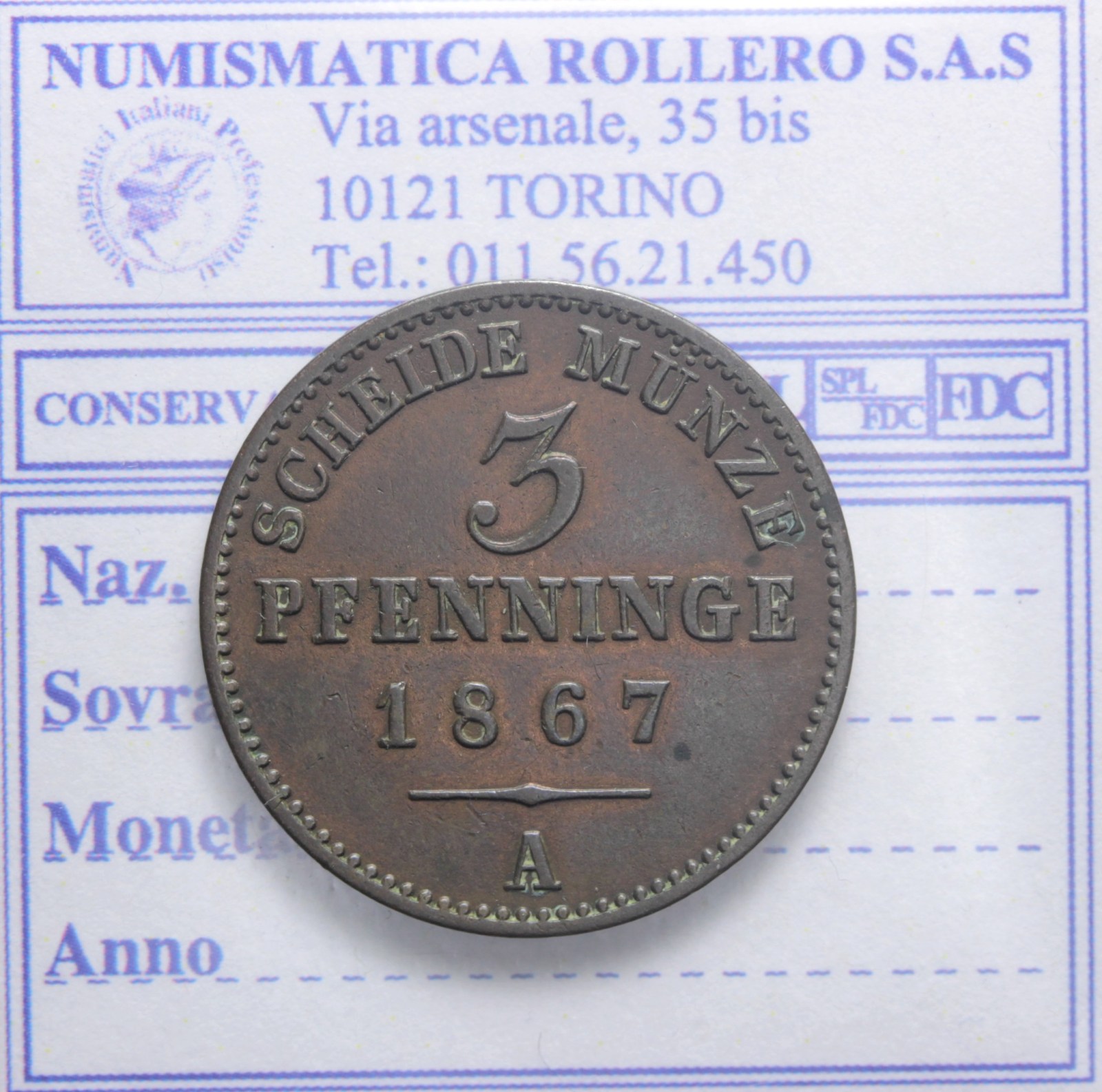 GERMANIA PRUSSIA GUGLIELMO I 1861-1888 3 PFENNIG 1867 BERLINO SPL