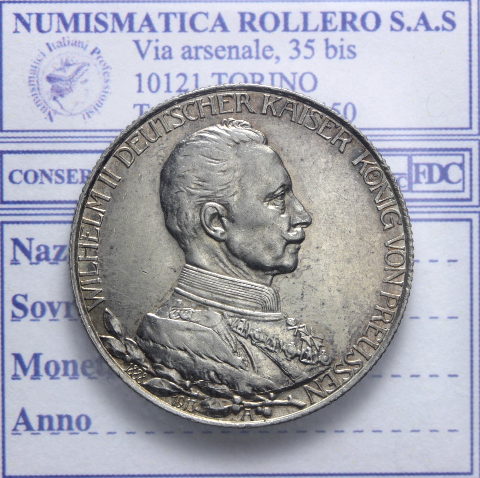 GERMANIA PRUSSIA GUGLIELMO II 1888-1918 2 MARCHI 1913 BERLINO SPL/FDC KM#533