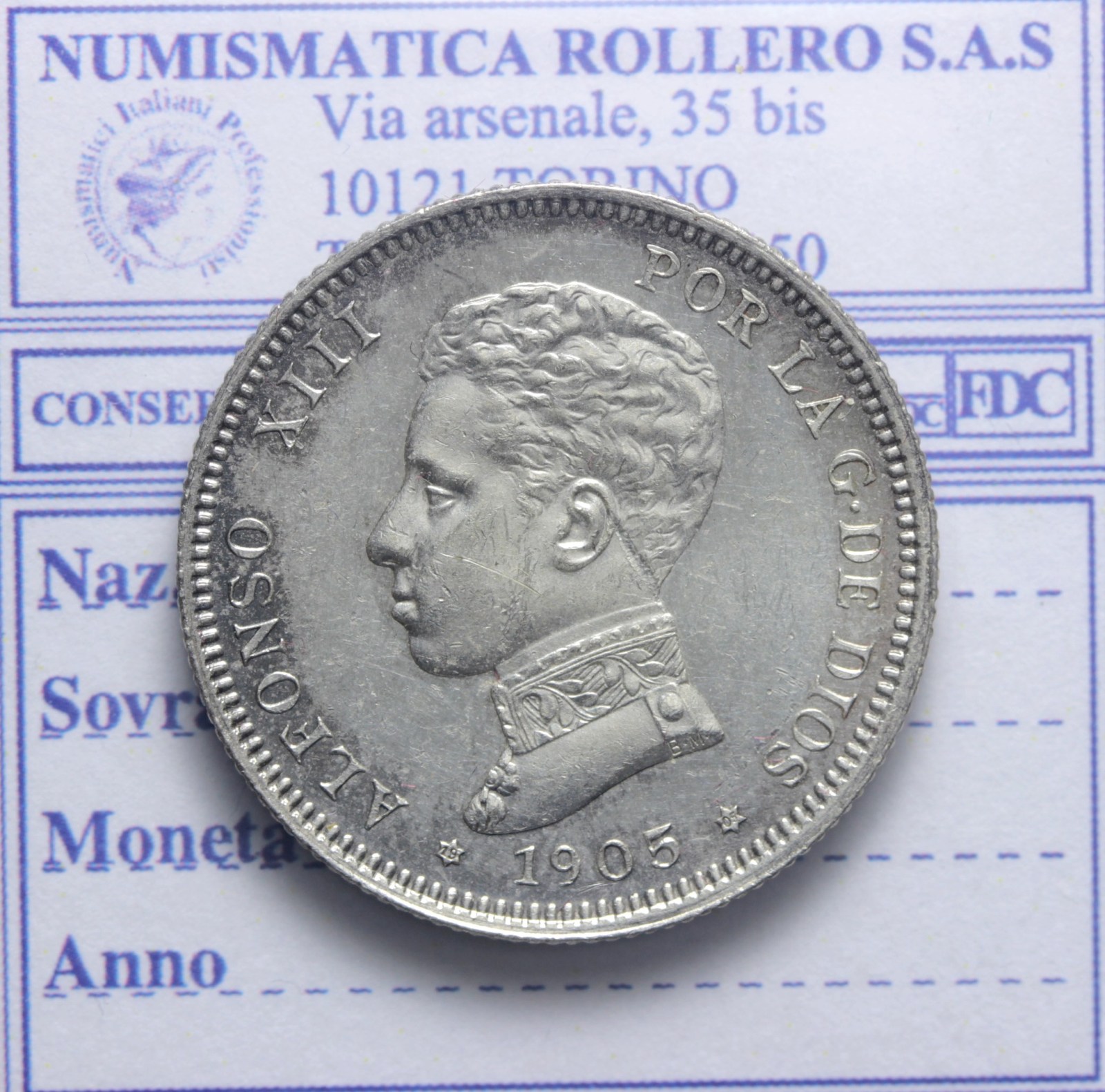 SPAGNA ALFONSO XIII (1886-1931) 2 PESETAS 1905 SM-V SPL/Q.FDC 