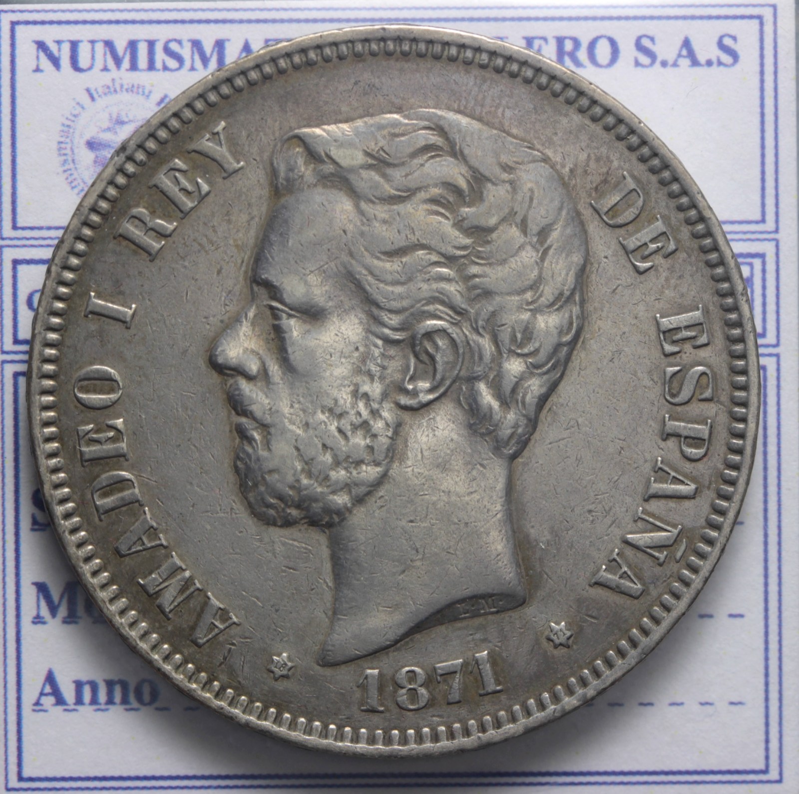SPAGNA AMEDEO I 1871-1873 5 PESETAS 1871 (71) MADRID BB+