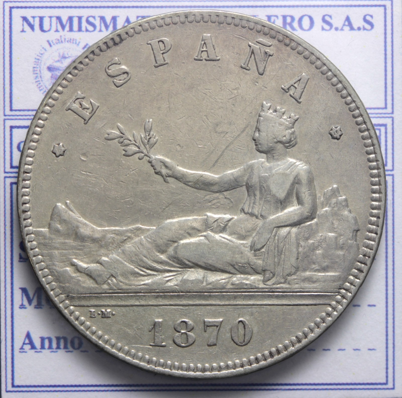 SPAGNA GOVERNO PROVVISORIO 1868-1871 5 PESETAS 1870 BB+ 