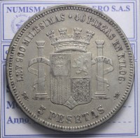 SPAGNA GOVERNO PROVVISORIO 1868-1871 5 PESETAS 1870 BB+ 