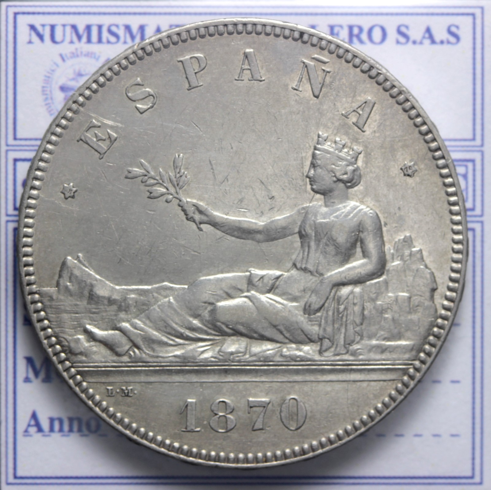 SPAGNA GOVERNO PROVVISORIO 1868-1871 5 PESETAS 1870 MADRID SPL