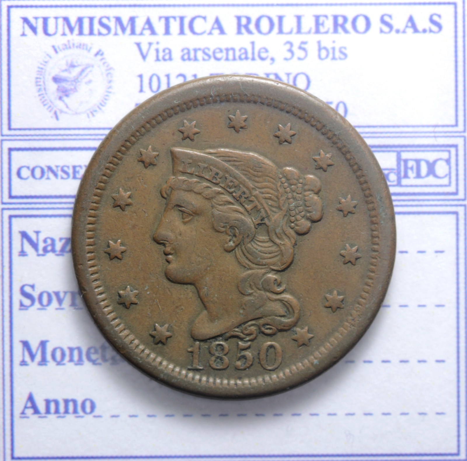 USA ONE CENT 1850 BRAIDED HAIR BB++