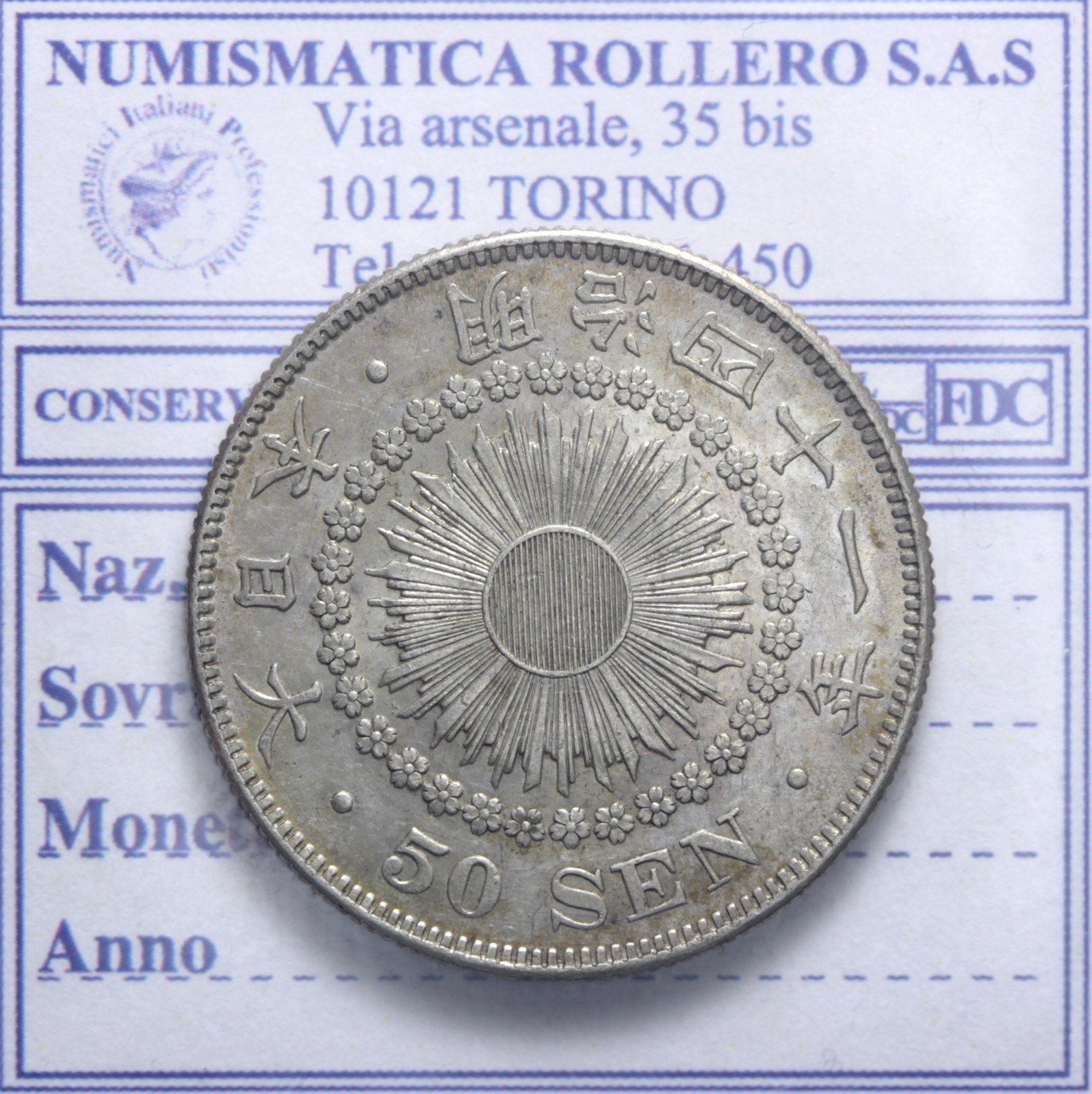 GIAPPONE IMPERATORE MEIJI (1867-1912) 50 SEN 1908 AN.41 SPL